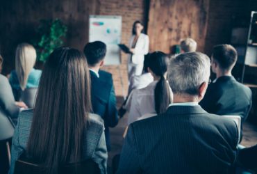 Audience of nice chic classy elegant stylish sharks listening to report strategy top management planning sales finance profit corporate at industrial loft interior work place space.